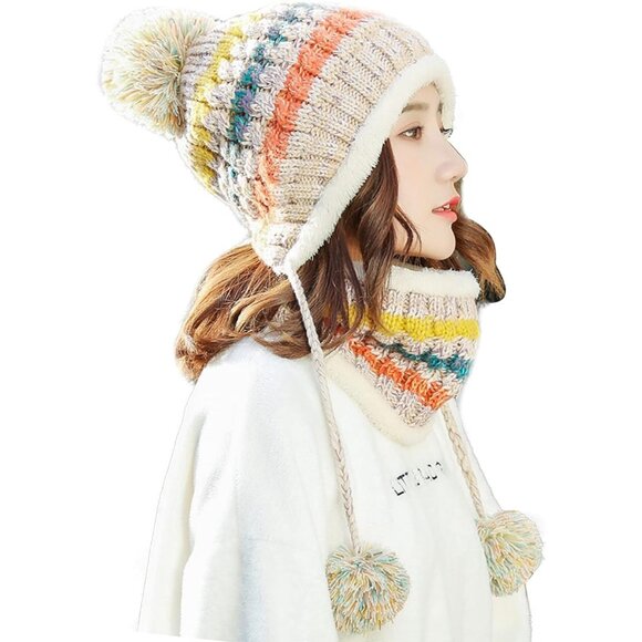 Women Winter Beanie Hat Circle Scarf Set Pompoms Peruvian Ski Snow Ear Flaps Col - Picture 1 of 8